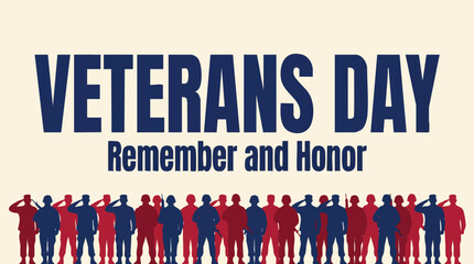 Veterans Day commemorative illustration featuring rows of saluting soldier silhouettes in red and blue with honorary text on a cream background. © rama coloring studio