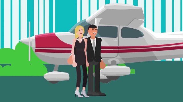 2D Animated Scene of a Wealthy Couple Standing in Front of a Small Airplane, Luxury Travel and Wealth Concept