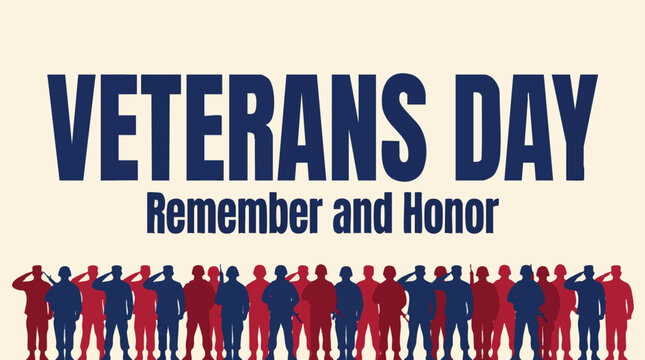 Veterans Day commemorative illustration featuring rows of saluting soldier silhouettes in red and blue with honorary text on a cream background.