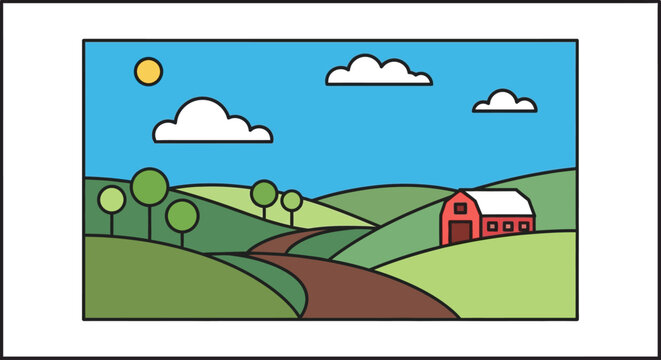 Sunny rural landscape with rolling hills green trees and red barn farmhouse