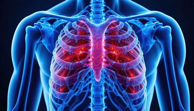 Human chest cavity displays highlighted bones and internal structure in blue and red tones.
