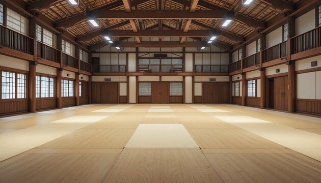 Spacious interior of a traditional wooden building features polished floors and high ceilings with exposed beams.