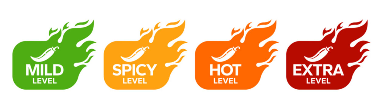 Red Chili Peppers Fire Flames icon. Chili mild level, spicy level, hot level, extra level Label. Hot Spicy green, yellow, orange icons. Logo Spicy. Extra chilli badge. Hand drawn. Vector illustration.