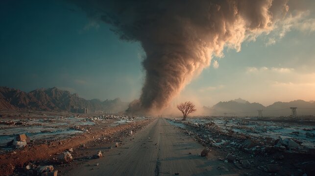 A dust storm dominates a bleak landscape, road leading to the towering spiral