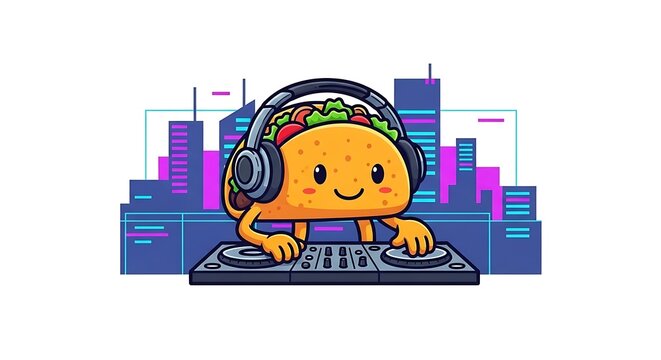 Animated taco character with headphones and a DJ setup in front of a city skyline background