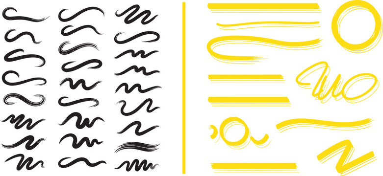 Collection of brush stroke underlines and swirls in black and yellow. Graphic elements for emphasis and decoration.