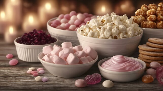 candy lifestyle scene, snacks for movie night, cozy atmosphere