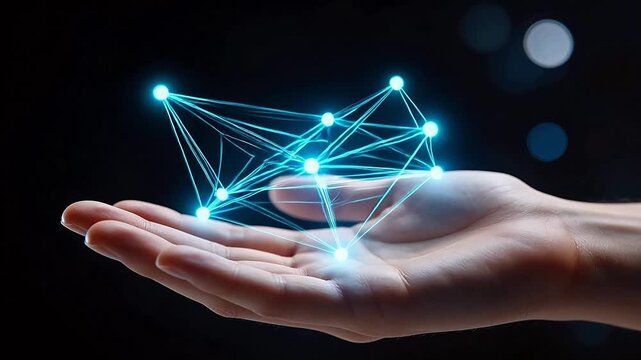 Hand holding glowing network structure