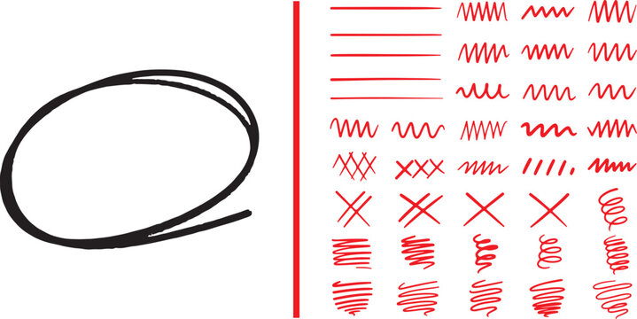 Hand drawn red marks and black circle. Collection of graphic elements for design.