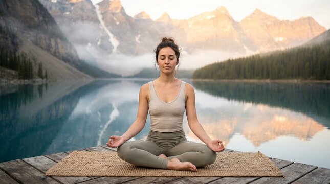 Serene young woman practicing mindfulness and silently chanting a mantra by a calm lake at sunrise