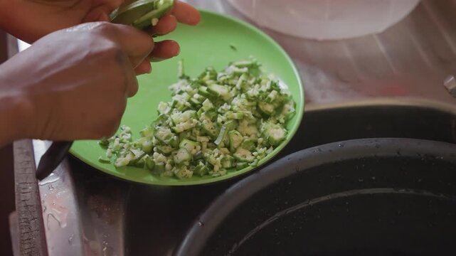 Closeup hands chopping avocado on plate, sunlit sink vignette, green plastic plate with diced avocado, small paring knife, careful home cook prepping fresh herb salad, warm domestic mood