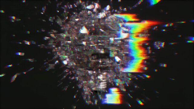 デジタルノイズに侵食され崩壊する立体電球のグリッチ抽象背景