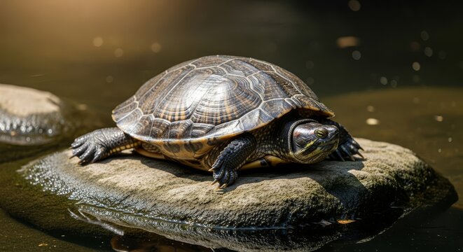 A calm turtle rests on a textured rock surface beside the water in bright sunlight