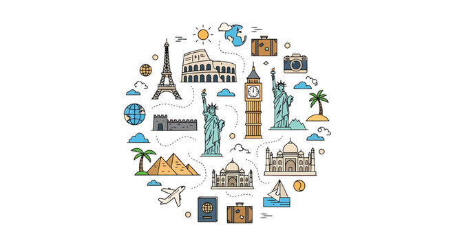 Landmarks and famous world monuments icons.