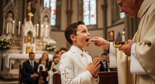 Young boy receives communion during religious ceremony in a church