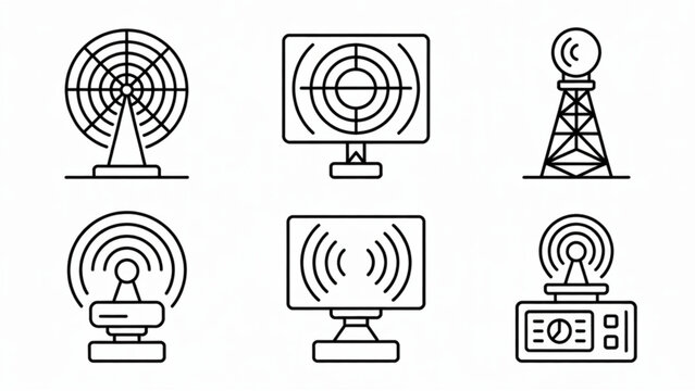 Minimal Air Defense Radar Silhouette Icon Set Surveillance Dome, Tracking System and Military Monitoring Vector Collection