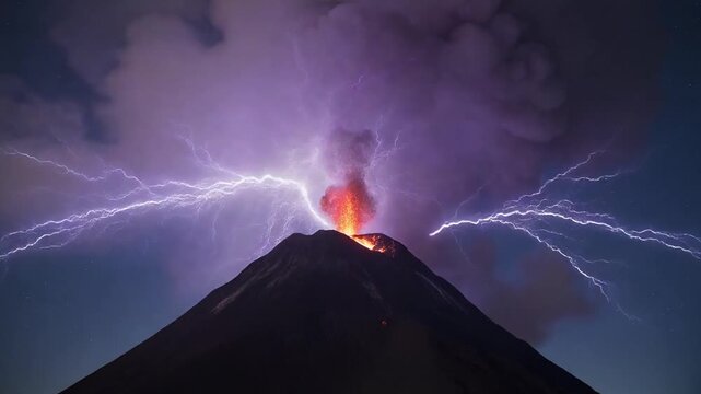 Volcano Erupts with Lightning Storm.