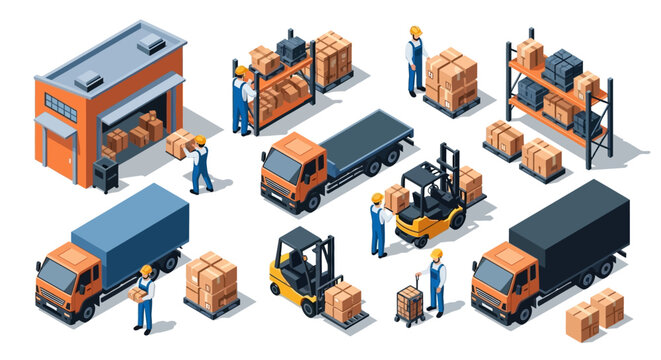 Isometric illustration of warehouse workers loading packages onto trucks and forklifts with industrial equipment and boxes in a modern warehouse setting with a neutral