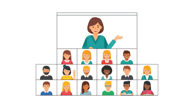 Woman presenting to diverse online audience.