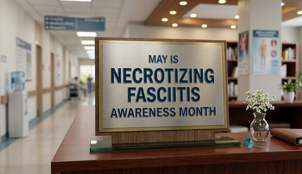 Necrotizing Fasciitis Awareness Month Plaque on Hospital Desk with Teal Ribbon