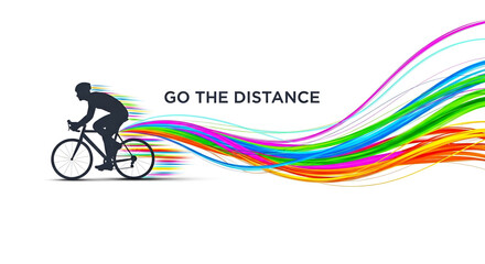 Fototapeta premium Silhouette of cyclist on bike with colorful abstract speed lines and text Go the Distance
