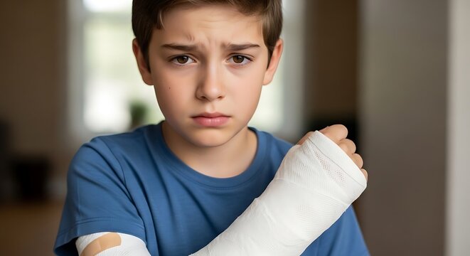 Young boy with arm cast looks concerned indoors medical health concept