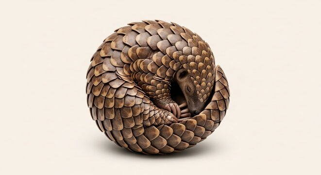 A pangolin curled into a defensive ball displaying its intricate scales, isolated on a plain background for detailed observation