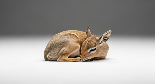 A small, resting dik-dik fawn captured in a serene, realistic studio portrait, highlighting its delicate features and peaceful demeanor.