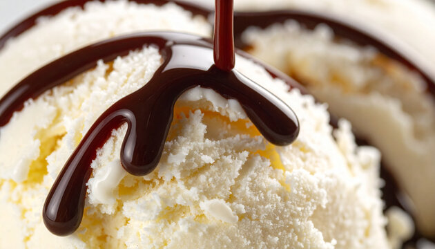 Semangkuk es krim segar dan lembut dengan rasa cokelat dan vanila disajikan sebagai hidangan susu sederhana dan sehat.