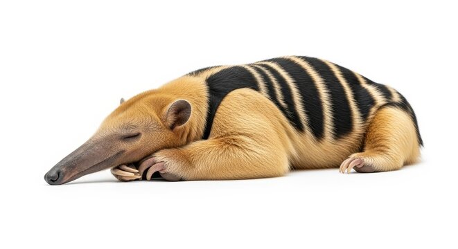 An adorable young anteater peacefully sleeping in a studio setting, isolated on a white background, showcasing its unique striped fur pattern