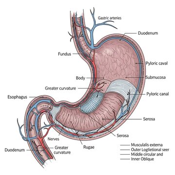 Human stomach anatomy with labelled parts.