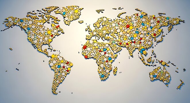 World map illustration composed of colorful circular elements on a white backdrop