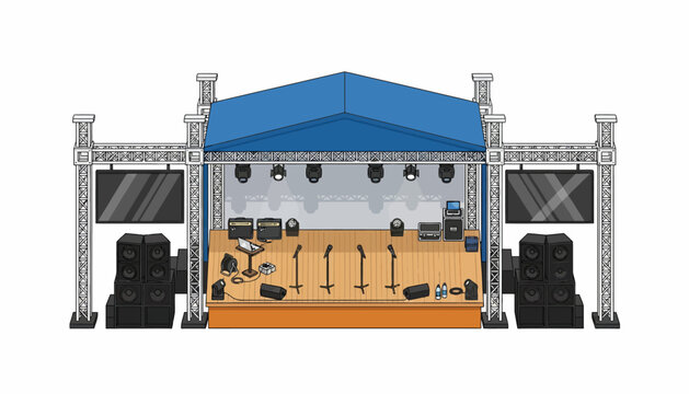 Illustration of a concert stage setup with a blue roof, sound equipment, and speakers on a white background.