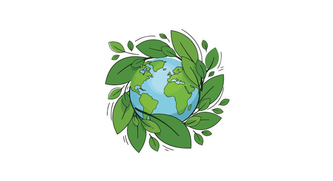 Earth Globe Surrounded by Green Leaves.