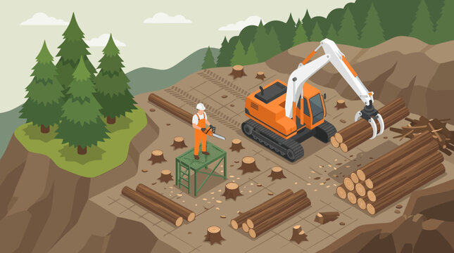 Illustration of a logging site with an excavator and worker cutting trees in a forest clearing