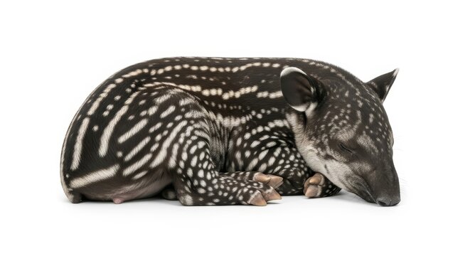 Baby Tapir with Striking White Spots Resting Peacefully on a White Background
