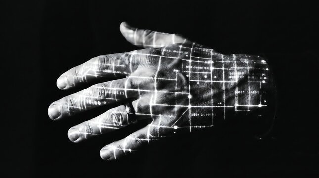 High-contrast close-up of a human hand with a grid pattern superimposed over it on a dark background.
