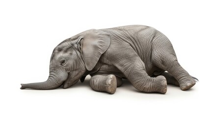 Fototapeta premium Adorable baby elephant resting peacefully on a plain white background, isolated for clear depiction