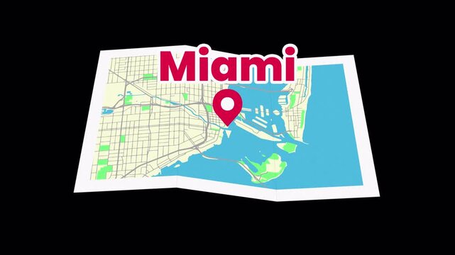 Miami Map Animation, Unfolding Paper Map with Location Pin, 4K Transparent Background