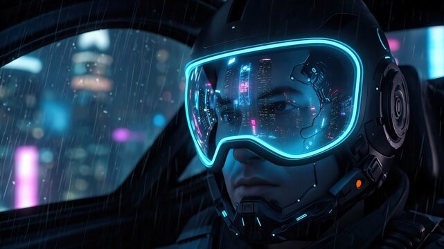 Futuristic Cyberpunk Pilot Wearing High Tech Glowing Helmet Inside Vehicle at Night