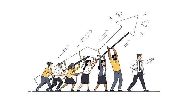 Business people pulling up arrow graph.