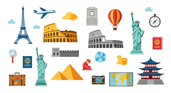 Collection of famous travel landmarks icons.