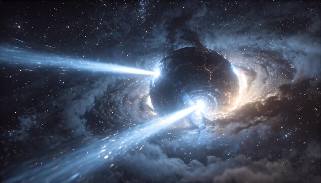 Deep Space Exploration Cosmos space black hole with light beam in star field and cloudy galaxy scene, dramatic deep space illustration of cosmic vortex with energy beam and celestial dust