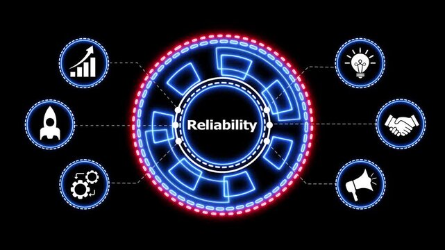 Futuristic reliability concept with glowing digital interface. Dynamic digital interface, reliability, business growth, innovation, partnership, communication, startup, technology.