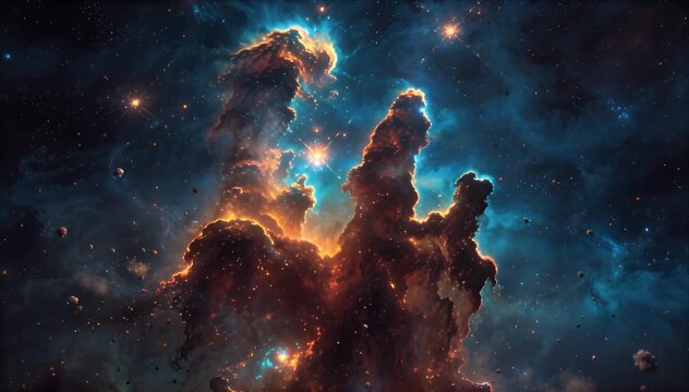Deep Space Exploration Cosmos space nebula star field galaxy dust cloud astronomical scene deep blue orange glow abstract space art in dark sky with luminous dust and radiant light