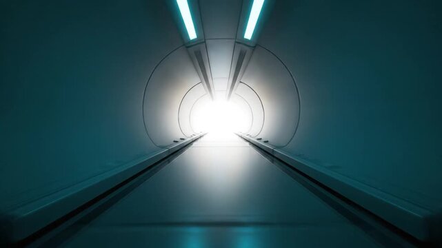 Symmetric interior view of a futuristic teal circular tunnel with linear blue neon light strips on walls and ceiling leading to a bright white light at the end of the hall.