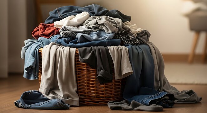 Overfilled laundry basket with messy dirty clothes in casual home setting, soft lighting, realistic wrinkles and textures, capturing everyday life and household routine concept.