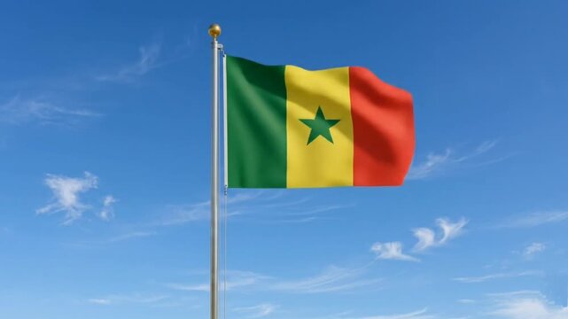 The Senegal flag flies against a bright blue sky.