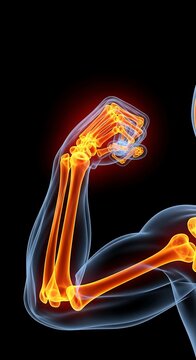 Human arm bones glowing orange flexed.