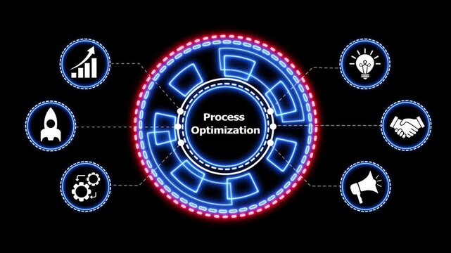 Process optimization with business icons animation. Abstract animation with various business icons, demonstrating process optimization and management with a circular, tech-inspired design.
